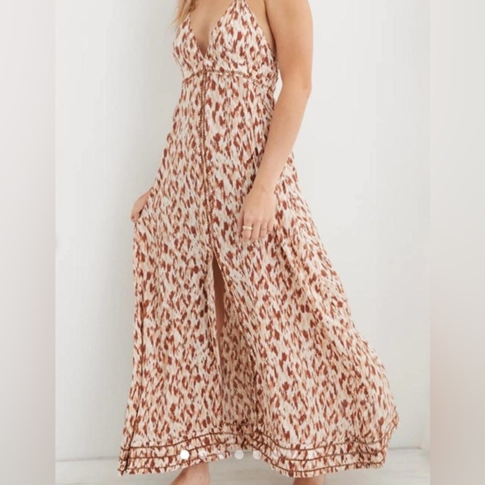 aerie Cream and Rust Printed Maxi Dress